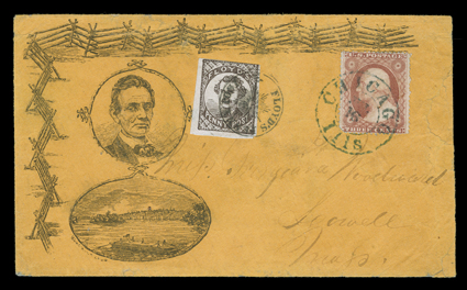 Beardless Lincoln Rail Splitter, overall design published by Baker of Chicago on orange cover carried to the Post Office by Floyds Penny Post with their (1c) Brown adhesive
(68L2), huge margins to touching at top right, tied by clear Floyds P