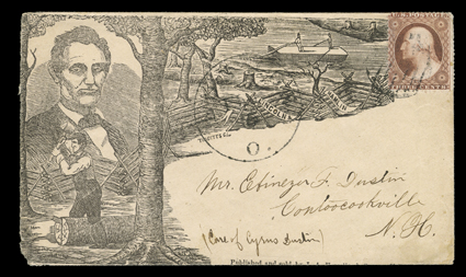 Beardless Lincoln Rail Splitter, Lincoln & Hamlin Campaign allover design cover published by J.A. Howells of Jefferson, Ohio to Contoocookville, N.H. with 3c Dull red (26,
perforation wear from placement at cover corner) tied by grid, with match