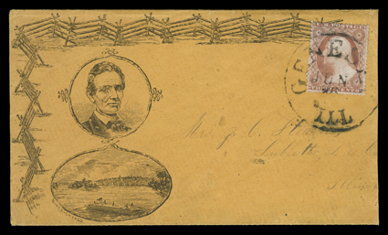 Beardless Lincoln Rail Splitter, overall design published by Baker of Chicago on orange cover to Sublette, Illinois with 3c Dull red (26) tied by Genese, IllJun 26 balloon
style datestamp, slightly reduced at right, very fine.