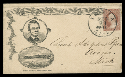 Beardless Lincoln Rail Splitter, overall design with Honest Abe Lincoln and his Flat Boat imprint on buff cover to Owosso, Michigan with 3c Dull red (26) tied by Livonia,
Mich.Sep 21, 1861 datestamp, extremely fine.