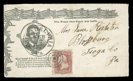 Beardless Lincoln Rail Splitter, overall design published by Magee of Philadelphia with The Fence that Uncle Abe built slogan and five-line poem dedicated to the Brave Splitter
of Rails to Blossburg, Pa. with 3c Rose (65) tied by target canc
