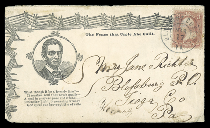 Beardless Lincoln Rail Splitter, overall design published by Magee of Philadelphia with The Fence that Uncle Abe built slogan and five-line poem dedicated to the Brave Splitter
of Rails to Blossburg, Pa. with 3c Rose (65) tied by double circ