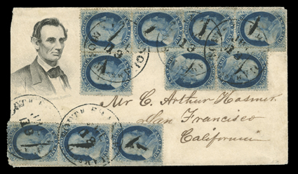 Beardless Lincoln portrait, campaign design published by J.M. Whitemore of Boston on cover to San Francisco with ten copies of 1c Blue, Ty. V (24, three with faults from
placement at cover edge) tied by five strikes of South Framingham, Mass.J