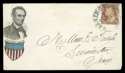 Beardless Lincoln and shield, hand colored design with Secession! Non est. slogan in black by Charles Magnus on cover to Leominster, Mass. with 3c Dull red (26, faults) tied by
Washington, D.C.Sep 11, 1861 datestamp, very fine.