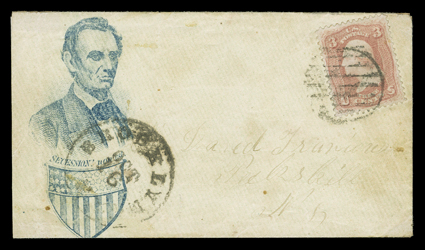 Beardless Lincoln and shield, design with Secession! Non est. slogan in blue by Charles Magnus on pale green cover to Peekskill, N.Y. with well centered 3c Rose (65) tied by
grid, matching Brooklyn, N.Y.Oct 16 datestamp, very fine.