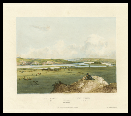 [Fort Pierre] Aquatint Engraving: Fort Pierre on the Missouri, C. Bodmer, painter, Bougeard, publisher, Salathe, engraver. Holscher in Koblenz, Ackermann in London (1840),
Bertrand in Paris. With C. Bodmer embossed at bottom. Tableau 10. Aqua