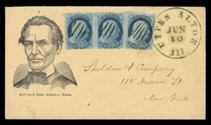 Beardless Lincoln portrait, design published by Anderson & Fuller of Toledo, Ohio on buff cover to New York City with horizontal pair and single of 1c Blue, Ty. V (24) with
manuscript stroke cancels, single tied by Upper Alton, Ill.Jun 10 dat