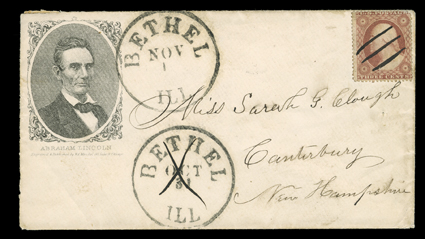 Beardless Lincoln portrait, design published by Ed Mendel of Chicago on cover to Canterbury, N.H. with 3c Dull red (26) cancelled by manuscript X, two Bethel, Illinois
datestamps, first of Oct 31 crossed out and second Nov. 1, very fine.