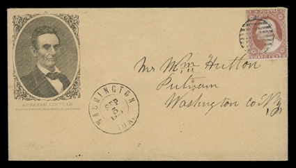 Beardless Lincoln portrait, design published by Ed Mendel of Chicago on buff cover to Putnam, N.Y. with 3c Dull red (26) tied by grid, matching double circle Washington,
Ioa.Sep 5, 1860 datestamp, fresh and extremely fine.