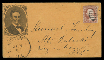 Beardless Lincoln portrait, design published by Ed Mendel of Chicago on orange cover to Mt. Pulaski, Illinois with 3c Dull red (26) tied by grid, matching Lincoln, IllJun6
datestamp beneath the Lincoln portrait, extremely fine illustrated in