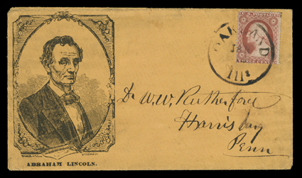 Beardless Lincoln large portrait, design published by Baker of Chicago on orange cover to Harrisburg, Pa. with 3c Dull red (26) tied by Oakland, IllsJan ? datestamp, extremely
fine and rare design illustrated in Milgram on page 40.