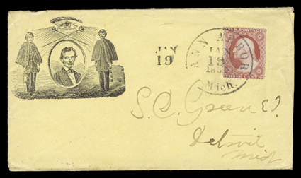 Beardless Lincoln Under Seeing Eye, design flanked by Wide Awakes holding lanterns published by Wightman on yellow cover to Detroit with 3c Dull red (26) tied by Ann Arbor,
Mich.Jan 18, 1860 datestamp, fresh and extremely fine. The Wide A