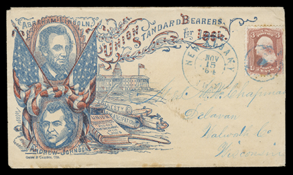 Abraham Lincoln & Andrew Johnson, red and blue allover 1864 campaign design cover published by Gates and Gamble of Cincinnati to Delvan, Wisconsin with 3c Rose (65, couple
foxed perfs.) tied by blue target cancel, with matching double circle Ne