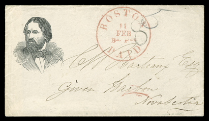 Fremont Campaign Cover to Nova Scotia,BostonPaid11 FebBr. Pkt. red exchange office postmark and pencil 5 rate on cover to Nova Scotia with 8 February, 1857 enclosure, 8 pence
due handstamp, Ud StatesHalifax1857 exchange office and K