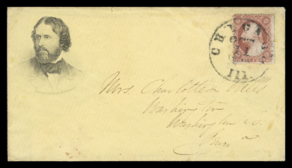 John C. Fremont, two illustrated campaign covers, first with large framed portrait design published by J.W. Orr of New York with The Peoples Candidate and Freedom National
Slavery Sectional slogans to Fall River with 3c Dull red (11) tied by