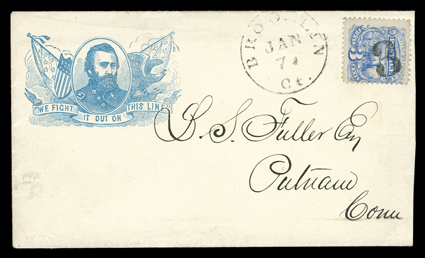 Ulysses S. Grant Presidential campaign, matched pair of illustrated campaign covers in light blue with We Fight it on this Line slogan to the same Putnam, Ct. address, first
with well centered 3c Rose, with grill (94) cancelled by propeller