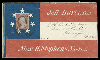 Jeff. Davis, Prest., Alexr. H. Stephens, Vice Prest., allover blue and red on white, seven-star Confederate patriotic cover used to Chicago with 3c Dull red (26) tied by Saint
Louis, Mo.Apr 4 (1861) datestamp, with original letter, small