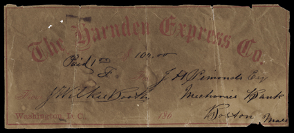 John Wilkes Booth, Rare partly printed Autograph Express Envelope Signed J. Wilkes Booth, envelope, Washington, no date [1860s]. Booth signs an imprinted envelope front of the
Harden Express Co., writing that he has Paid 1.00 to send $100.00