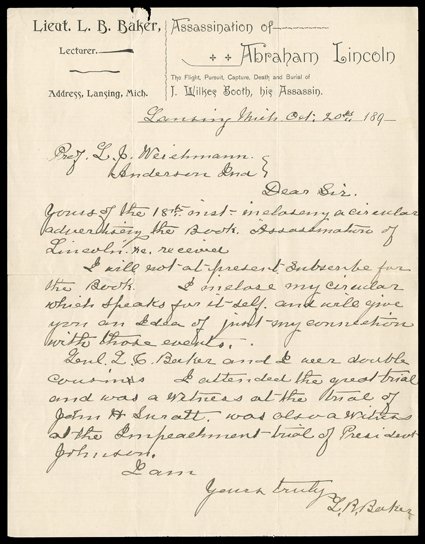 [Weichmann Correspondence] Astonishing series of letters written to Louis J. Weichmann, a chief prosecution witness in the conspiracy trial of John Surratt, Mary Surratt,
George Atzerodt, Lewis Payne, David Herold, Edmund Spangler, Michael OLaug