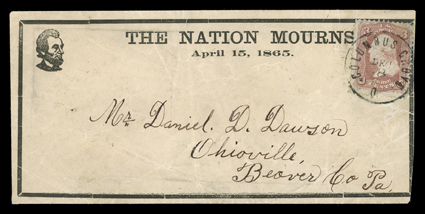 The Nation Mourns, Lincoln portrait, small design in black on oblong cover with mourning border and The Nation Mourns, April 15, 1865 imprint to Ohioville, Pa. with 3c Rose
(65) tied by Columbus Grove, ODec 8 datestamp, cover with tear at r
