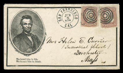 We mourn him in death, Lincoln oval portrait mourning design cover with mourning border and We loved him in life, We mourn him in death imprint to Dorchester, Mass. with two 3c
Rose (65, one faults) cancelled by targets, with matching double c