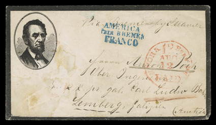 Lincoln mourning cover,oval portrait design cover with mourning border at cover edges to Lemberg, Austria, red N York Brem Pkt12 PaidAug 12 datestamp and endorsed Via Bremen by
Steamer, blue Americauber BremenFranco transit postmark and