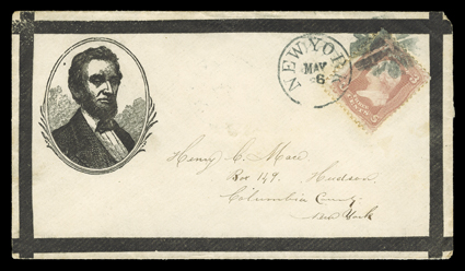 Lincoln mourning cover, Lincoln decorated oval portrait mourning design cover with crossed mourning borders to Huelson, N.Y. with 3c Rose (65) tied by cork cancel and New
YorkMay 6 datestamp, very fine.