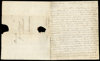 Lee, Richard Henry Outstanding patriotic content Autograph Letter Signed Richard Henry Lee, 3 pages, 4to, Chantilly, VA, July 17, 1782. To his fellow Signer, General William
Whipple, in New Hampshire, he laments a break in correspondence that m