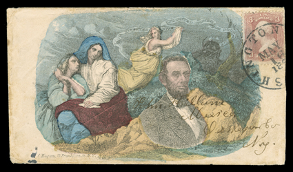 Lincoln portrait with several female figures, stunning multicolored all over design cover by Magnus with Invested with Unlimited Power for Good or Evil inscription in banner
being waved by an angel while a devil as black as hell looks over Linc