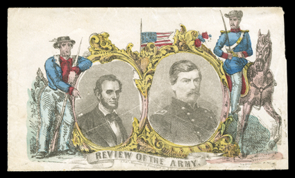 Review of the Army, Magnus allover multicolored design cover with dual portraits of Lincoln and McClellan addressed on reverse to Fitzwilliam, N.H., 3c Rose (65) tied by
Washington, D.C.Jan 29, 1862 datestamp, cover opened for display, very f