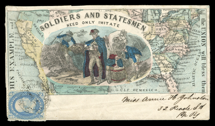 Soldiers and StatesmenNeed Only ImitateHis Example and the Union will bless them, fantastic multicolored, allover map of the United States Magnus design cover with 1c Blue (63,
faults) tied by New York City Despatch Post datestamp, very fine