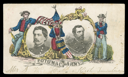 Potomac Army and Generals, Magnus allover multicolored design cover with portraits of George B. McClellan and Major General Keyes used to Tunbridge, Vermont, franked on reverse
by 3c Rose (65) tied by double circle Alexandria, VaMay 20 datest