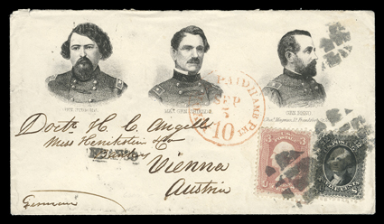 Gen. Sturgis, Maj. Gen. Shields and Gen. Reno three portrait Magnus design Angell correspondence cover to Vienna, Austria, correctly franked with 3c Rose (65) and 12c Black
(69) tied by two strikes of segmented cork cancel, red N. York Ham