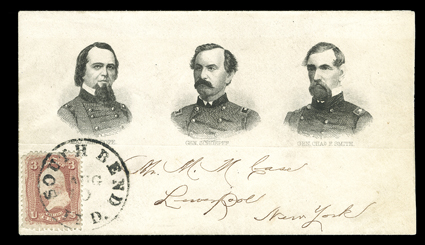 Maj. Gen Pope, Gen. Schoepff and Gen. Chas. F. Smith, triple portrait Magnus design cover to Liverpool, N.Y. with 3c Rose (65, corner missing) tied by South Bend, Ind.Aug 10
datestamp, fresh and very fine handsome and scarce design ex-Wh