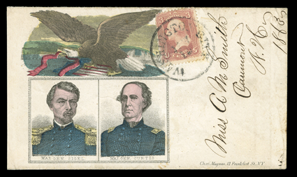 Maj. Gen. Sigel and Maj. Gen. Curtis, multicolored spread eagle over portraits Magnus design cover to Claremont, N.H. with 3c Rose (65, damaged) tied by Washington City
datestamp, very fine a rare and eye-appealing design.