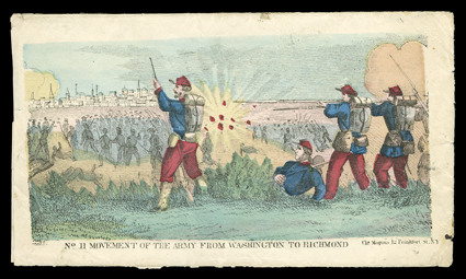 Movement of the Army from Washington to Richmond, wonderful allover multicolored Magnus battle scene design cover to Oswago, Pa., addressed and franked on reverse with 3c Rose
(65, corner missing) tied by Washington, D.C.Sep 28, 1862 datestam