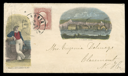 U.S. Navy Yard and Sailor, dual vignette, multicolored Magnus design cover used to Claremont, N.H. with 3c Rose (65, crease) tied by double circle Alexandria, VaFeb 4, 1863
datestamp, slightly reduced at right and trivial sealed tear at botto
