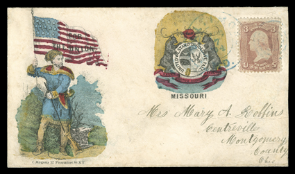 Magnus States For the Union Collection, fifteen virtually all different multicolored Magnus design covers for the various loyal States, each with two vignettes, an allegorical
figure usually with waving flag and a State seal design, all mounted o
