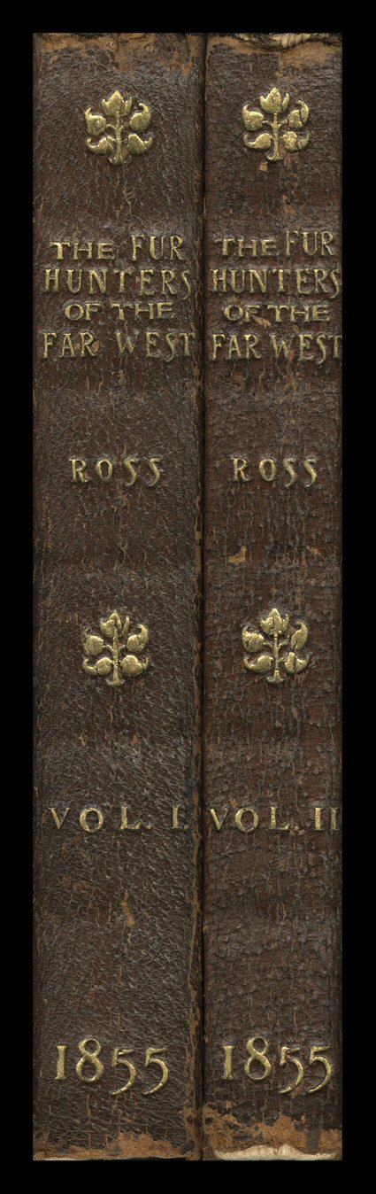 The Fur Hunters of the Far West., Alexander Ross. London, Smith, Elder, and Co, 1855. First edition. Two volumes. 12mo, elaborate double leather with Ex Libris Johnstone on
second, gilt spines and tops, Johnstone initials and 1855 on fro