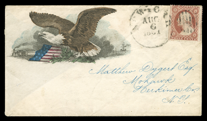 Eagle and Shield, multicolored Kimmell design cover, without imprint, used to Mohawk, N.Y. with 3c Dull red (26) tied by New-YorkAug 6, 1861 datestamp, left side flap missing,
otherwise very fine patriotic covers are surprisingly scarce from