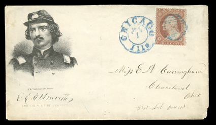 E.E. Ellsworth, Whittemore portrait design cover used to Cleveland with 3c Dull red (26) tied by blue grid, matching double circle Chicago, IllsJul 1 datestamp, cover with
sealed tear at left, otherwise very fine.