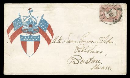 Captured Confederate Patriotic, Lancaster, Pa.Sep 18, 1861 double circle datestamp tying 3c Rose (65) to Confederate patriotic cover used to Boston, Mass., patriotic design
shows two crossed eleven-star flag, shield and the coat of arms of Virg