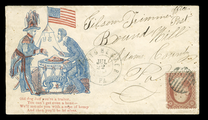 Old dog Jeff youre a traitor, red and blue design cover by J. Magee used to Round Hill, Pa. with 3c Dull red (26, small fault) tied by grid, matching double circle Westchester,
Pa.Jul 22, 1861 datestamp, very fine.