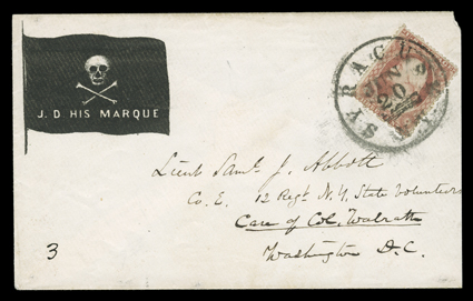 J. D. His Marque, skull and crossbones patriotic caricature cover reviling Jeff Davis, used to Washington, D.C. with 3c Dull red (26) tied by Syracuse, N.Y.Jun 20 datestamp,
slightly reduced at right, very fine.