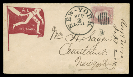 A.L. J.D.His Mark, comic design cover in red used to Courtland, N.Y. with well centered 3c Pink (64) natural straight edge at left, tied by bold New-YorkSep 2, 1861 duplex
postmark, very fine.