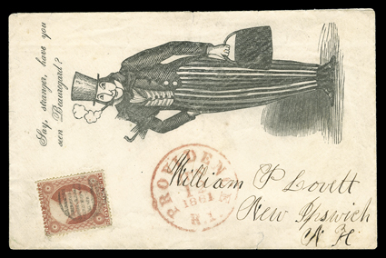 Say, stranger, have youseen Beauregard? caricature design cover used to New Ipswich, N.H. with 3c Dull red (26) cancelled by grid and red Providence, R.I.Jun 12, 1861
datestamp, cover with two short sealed tears, very fine and rare.