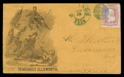 REMEMBER ELLSWORTH., black on orange design cover by Norris & Hyde used to Indianapolis with 3c Pink (64, corner crease) natural straight edge at right, tied by blue double
circle Chicago, IllsSep 13 duplex postmark, very fine ex-Knapp.