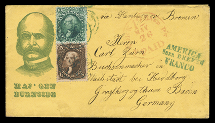 Maj GenBurnside, green, portrait design yellow cover used to Baden, Germany with 10c Green (68) and 5c Dark brown (76) tied by blue Baltimore town cancel and matching targets,
endorsed via Hamburg or Bremen, red N. York Brem Pk.12 PaidMa