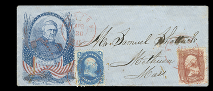 Scott., blue and red portrait design by Johnson Daniels, blue oblong cover to Methuen, Mass. with 1c Blue (63) and 3c Rose (65) tied by red double circle Boston, MassApr 30
datestamps, postmark repeated at top, carrier use, couple scattered