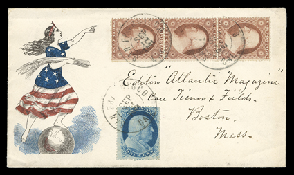 Liberty, red and blue design cover, printed in California, used to Boston with vertical strip of three 3c Dull red (26) and 1c Blue, Ty. V (24) tied by three strikes of double
circle San Francisco, Cal.Sep 18, 1861 datestamp, wonderfully fre